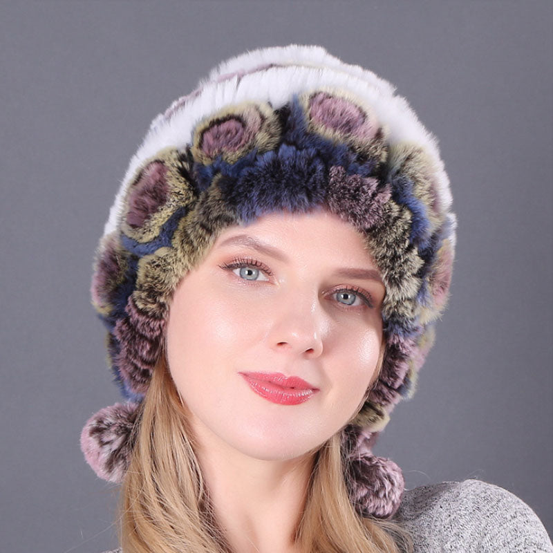 Women Fur Hat For Winter Natural Rex Rabbit Cap Russian Female Fur Headgear Outdoor ear Warm Flowers Earmuff Beanies Caps - Amazhona 