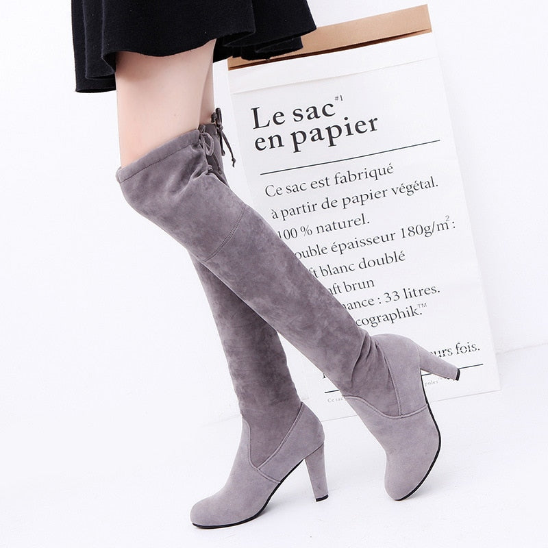 Women Long Boots Sexy High Heels Suede Lace Up Over The Knee Boots Autumn Winter Warm Shoes Female Slim Thigh High Boots Party - Amazhona 