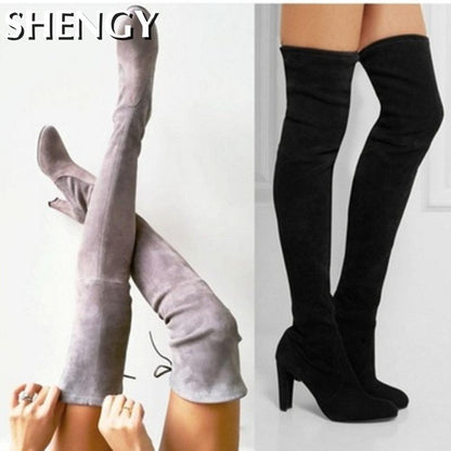 Women Long Boots Sexy High Heels Suede Lace Up Over The Knee Boots Autumn Winter Warm Shoes Female Slim Thigh High Boots Party - Amazhona 