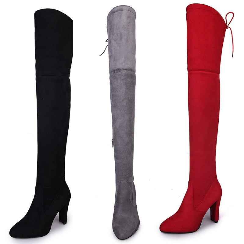 Women Long Boots Sexy High Heels Suede Lace Up Over The Knee Boots Autumn Winter Warm Shoes Female Slim Thigh High Boots Party - Amazhona 