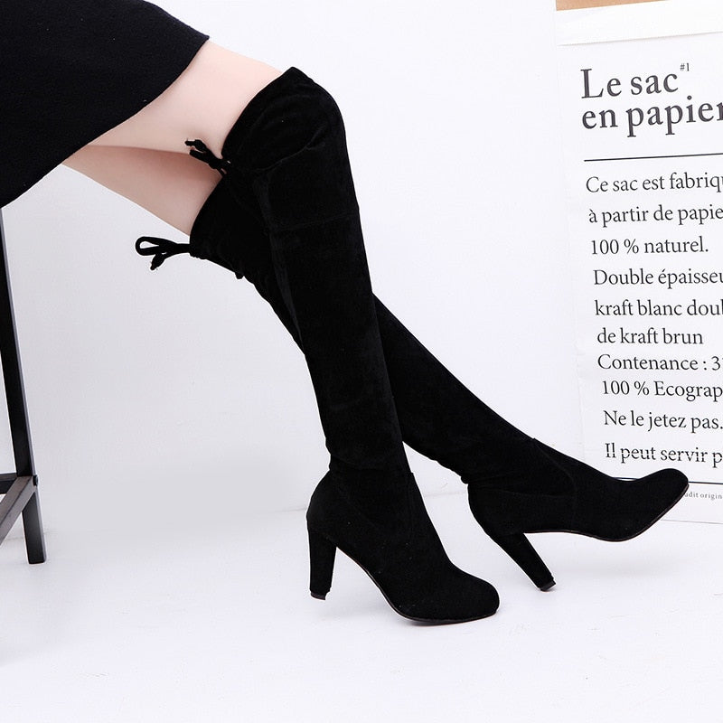 Women Long Boots Sexy High Heels Suede Lace Up Over The Knee Boots Autumn Winter Warm Shoes Female Slim Thigh High Boots Party - Amazhona 