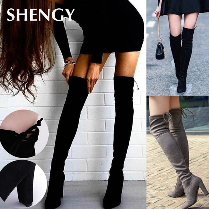 Women Long Boots Sexy High Heels Suede Lace Up Over The Knee Boots Autumn Winter Warm Shoes Female Slim Thigh High Boots Party - Amazhona 