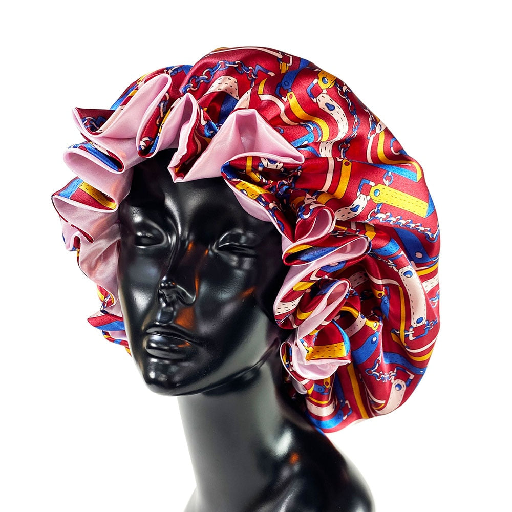 Women Satin Bonnet Cap Double Layer Silky Big Bonnet for Lady Printing Sleep Cap Head Wrap - Amazhona 