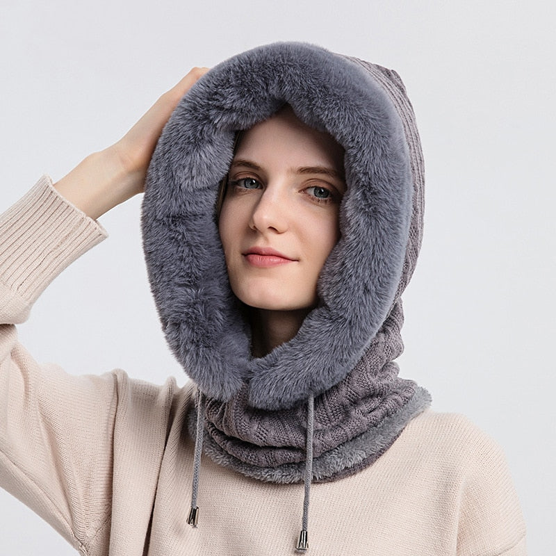 Women Slouchy Fleece Beanie Cashmere Fur Cap Hats Scarf Mask Drawstring Warm Hooded Winter Balaclava Pullover Knitted Hat - Amazhona 