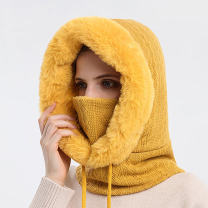 Women Slouchy Fleece Beanie Cashmere Fur Cap Hats Scarf Mask Drawstring Warm Hooded Winter Balaclava Pullover Knitted Hat - Amazhona 