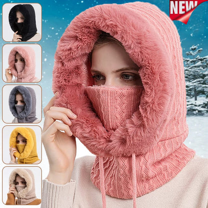 Women Slouchy Fleece Beanie Cashmere Fur Cap Hats Scarf Mask Drawstring Warm Hooded Winter Balaclava Pullover Knitted Hat - Amazhona 