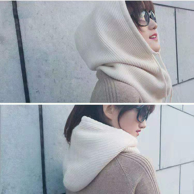 Women Winter Beanie Hat Cashmere Female Knitted Hooded Scarf Balaclava for Women Windproof Warm Wool Cap - Amazhona 