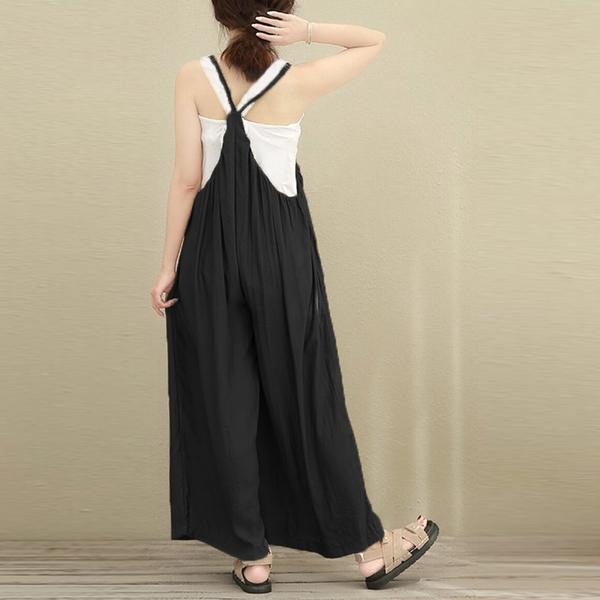 Women cotton linen one-piece suspender wide-leg pants - Amazhona 