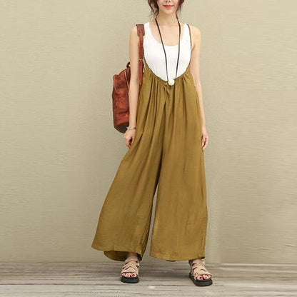 Women cotton linen one-piece suspender wide-leg pants - Amazhona 