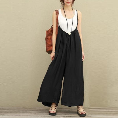 Women cotton linen one-piece suspender wide-leg pants - Amazhona 