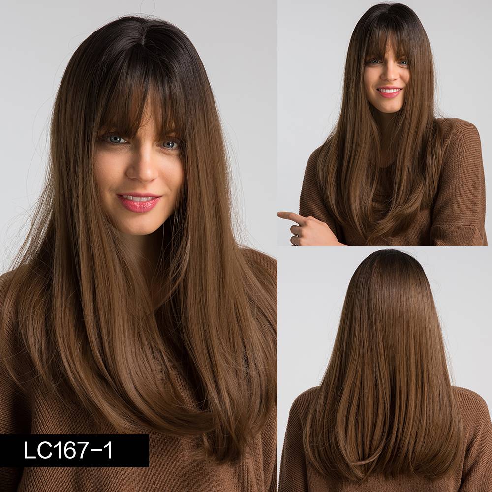 Women's Black Gradient Brown Long Straight Hair - Amazhona 