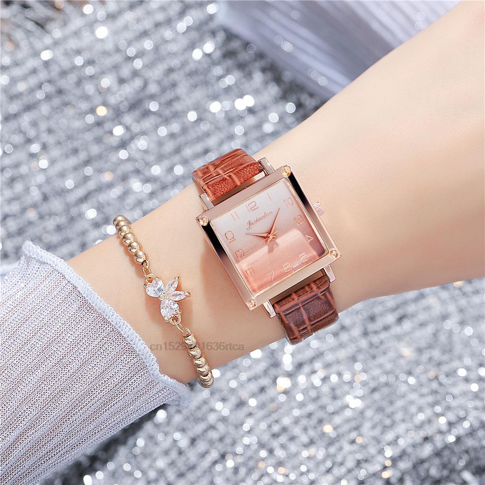 Women's Gradient colours Square Watches Minimalist Luxury Ladies  Leather Wristwatches Casual Female Quartz Relojes Para Mujer - Amazhona 