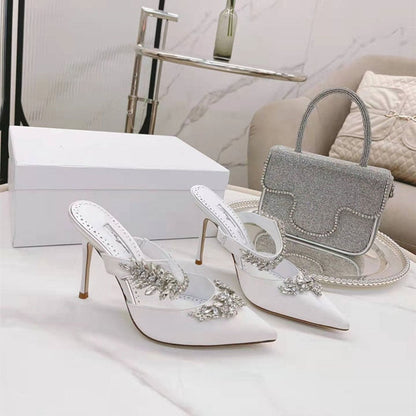 Women's High HeelsTemperament Baotou Silk Wheat Ear Rhinestones Muller Semi-Trailer Pump Pointed Stiletto Sandals - Amazhona 