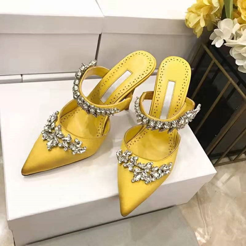 Women's High HeelsTemperament Baotou Silk Wheat Ear Rhinestones Muller Semi-Trailer Pump Pointed Stiletto Sandals - Amazhona 