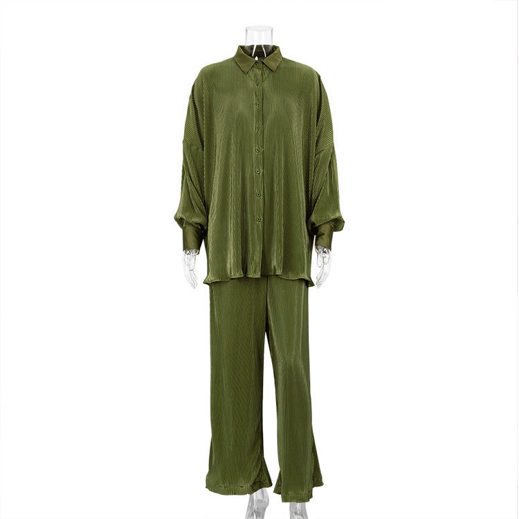 Women's Long-sleeved Pleated Loose High-waist Trouser Suit - Amazhona 