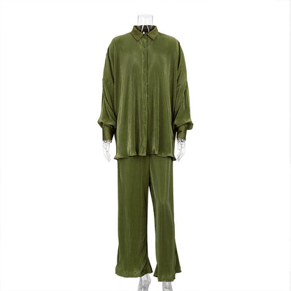 Women's Long-sleeved Pleated Loose High-waist Trouser Suit - Amazhona 