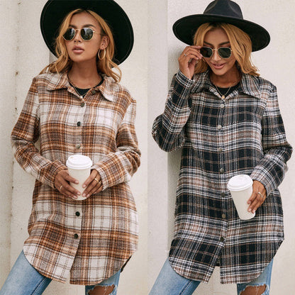 Women's Loose Casual Plush Plaid Shirt Jacket - Amazhona 