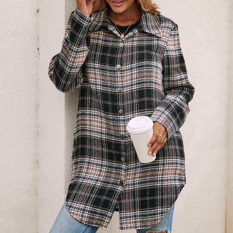 Women's Loose Casual Plush Plaid Shirt Jacket - Amazhona 