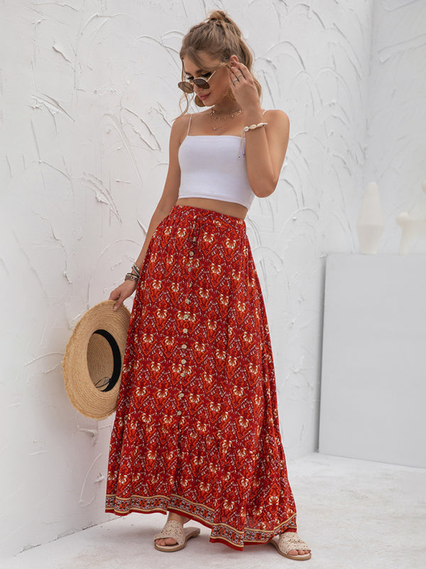 Women's Printed Elastic Waist Tie Button-down Maxi Skirt - Amazhona 