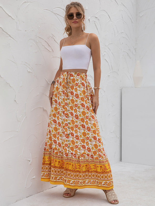 Women's Printed Elastic Waist Tie Button-down Maxi Skirt - Amazhona 