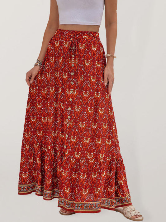 Women's Printed Elastic Waist Tie Button-down Maxi Skirt - Amazhona 