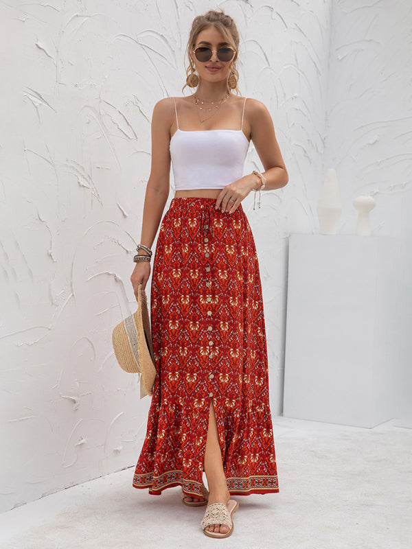 Women's Printed Elastic Waist Tie Button-down Maxi Skirt - Amazhona 