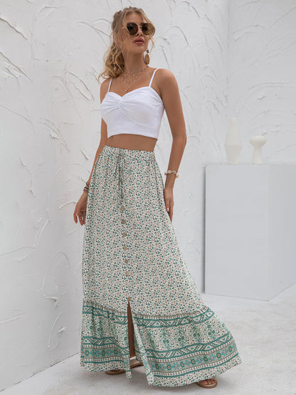 Women's Printed Elastic Waist Tie Button-down Maxi Skirt - Amazhona 