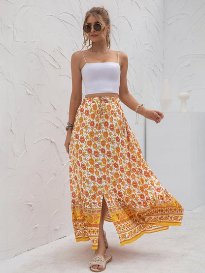 Women's Printed Elastic Waist Tie Button-down Maxi Skirt - Amazhona 