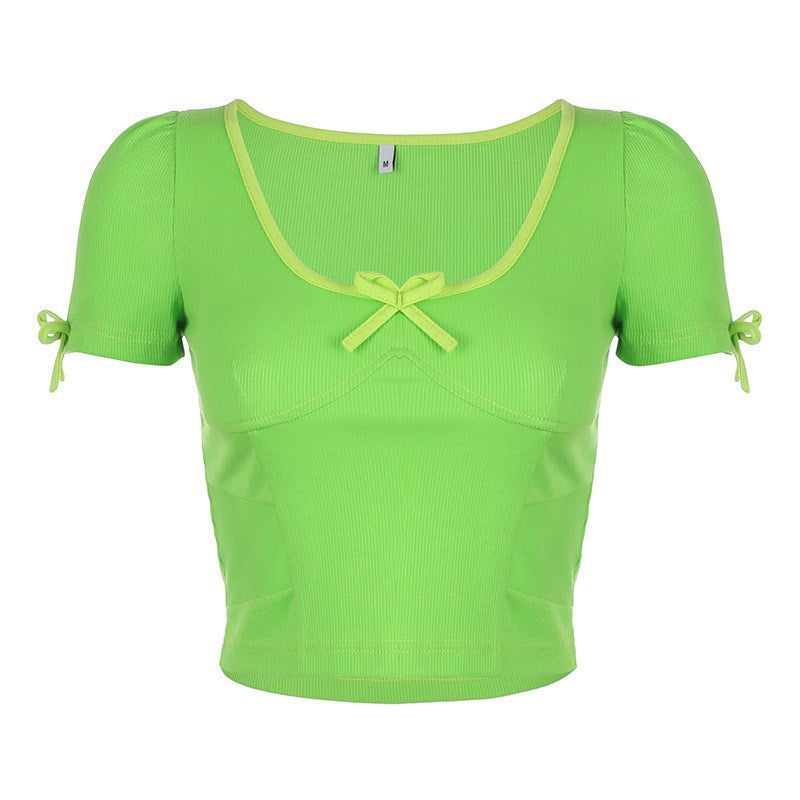 Women's Slim  Neck Short-sleeved Bow T-shirt - Amazhona 