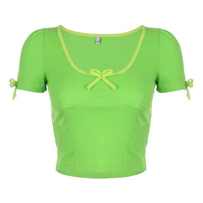 Women's Slim  Neck Short-sleeved Bow T-shirt - Amazhona 