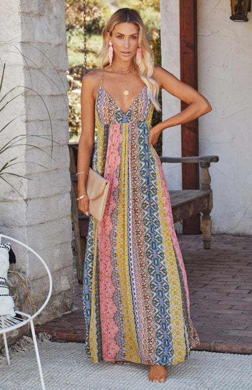 Women's Sling Deep V Print Long Dress - Amazhona 