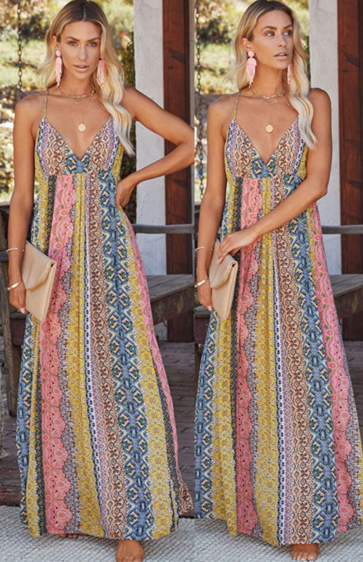 Women's Sling Deep V Print Long Dress - Amazhona 