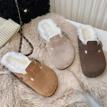 Women's Slippers 2022 Autumn Winter Leather Round Toe Slippers Couple Slippers Outdoor Casual Keep Warm Women Suede Slides Mujer - Amazhona 