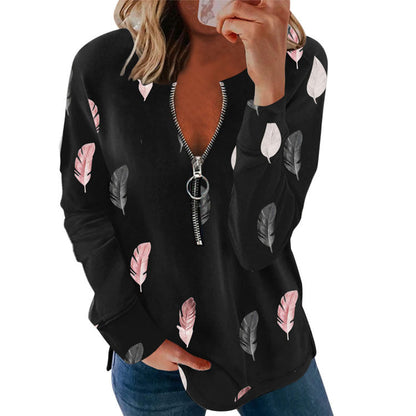 Women's V-neck Zipper Feather Print Long Sleeve Loose T-shirt - Amazhona 