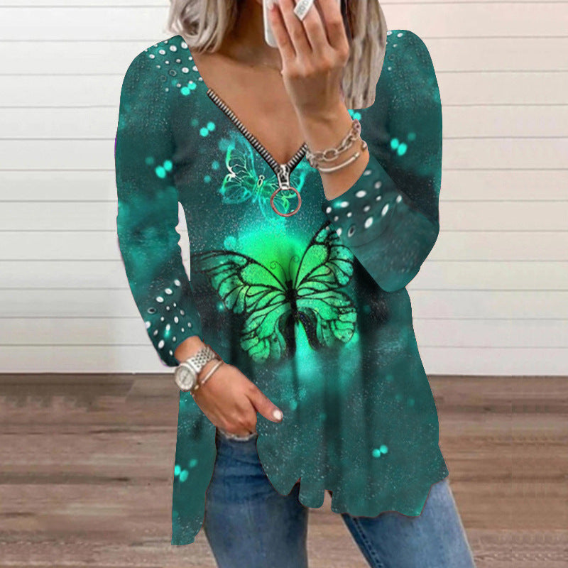 Women's V-neck Zipper Pullover Top Pearl Print T-shirt - Amazhona 