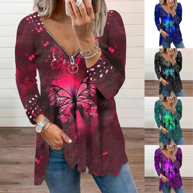 Women's V-neck Zipper Pullover Top Pearl Print T-shirt - Amazhona 