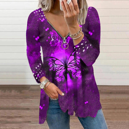 Women's V-neck Zipper Pullover Top Pearl Print T-shirt - Amazhona 