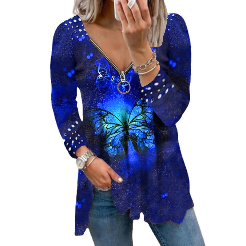 Women's V-neck Zipper Pullover Top Pearl Print T-shirt - Amazhona 