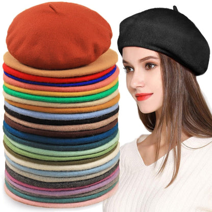 Wool Beret Hats for Women Winter Warm Headwear French Artist Hats Knitting Beanies Hats Plain Berets Lady Girl Autumn Street Cap - Amazhona 