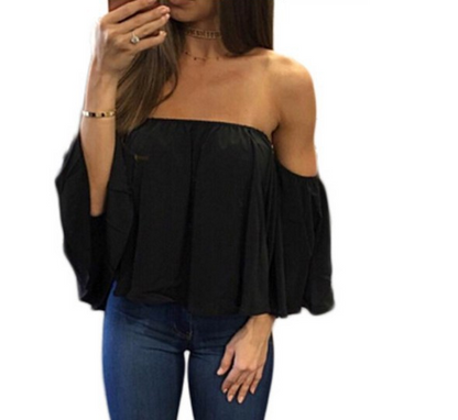 Wrapped chest collar long sleeve chiffon sexy top strapless loose T-shirt - Amazhona 