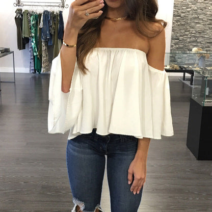 Wrapped chest collar long sleeve chiffon sexy top strapless loose T-shirt - Amazhona 