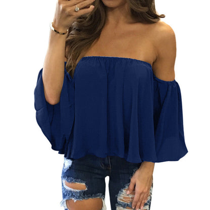 Wrapped chest collar long sleeve chiffon sexy top strapless loose T-shirt - Amazhona 