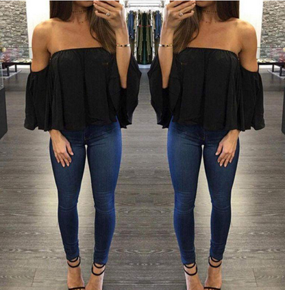 Wrapped chest collar long sleeve chiffon sexy top strapless loose T-shirt - Amazhona 