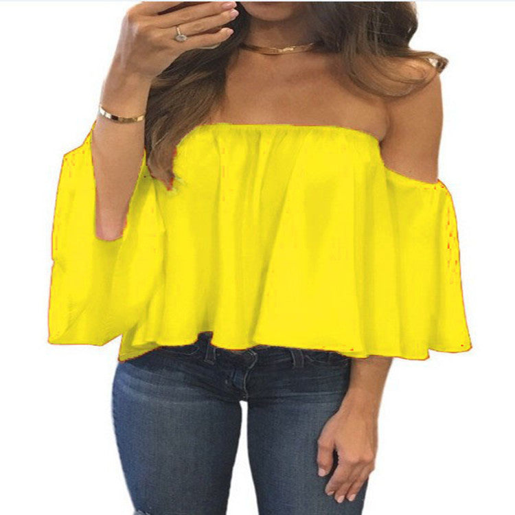 Wrapped chest collar long sleeve chiffon sexy top strapless loose T-shirt - Amazhona 