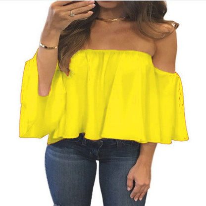 Wrapped chest collar long sleeve chiffon sexy top strapless loose T-shirt - Amazhona 