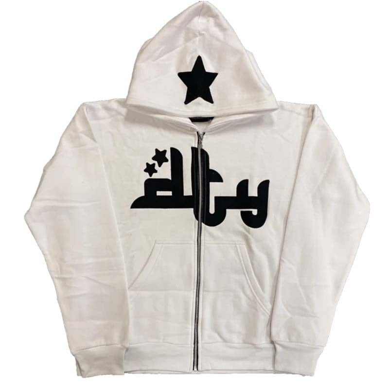 Y2K Men Hoodies Fashion Star Print Zip Up Long Sleeve Oversized Hooded Sweatshirts Gothic Grunge Jacket Coat Harajuku Streetwear - Amazhona 