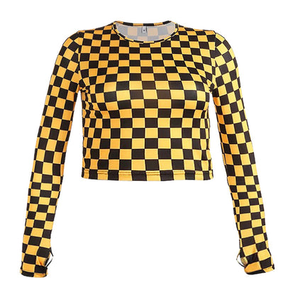 Yellow black plaid slim tight bottoming shirt girl tide long sleeve shirt - Amazhona 