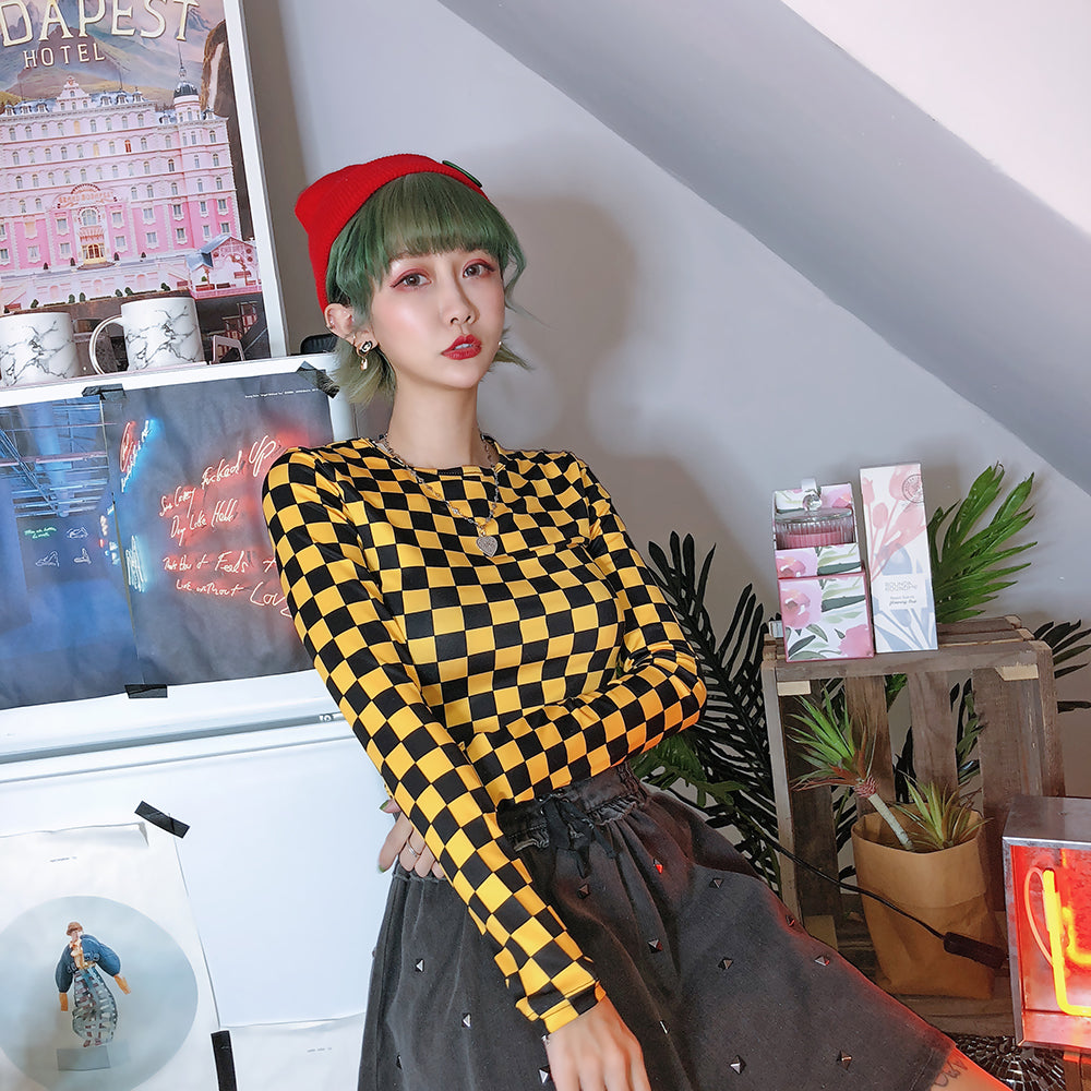 Yellow black plaid slim tight bottoming shirt girl tide long sleeve shirt - Amazhona 