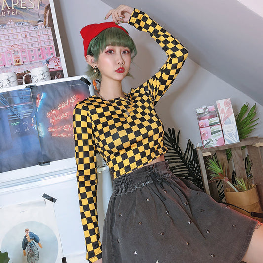 Yellow black plaid slim tight bottoming shirt girl tide long sleeve shirt - Amazhona 