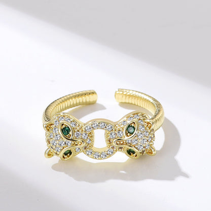 Zircon Double Panther Head Ring Popular Personality Hip-hop Pnunk Ring Cool Women Adjustable Leopard Finger Accessories - Amazhona 